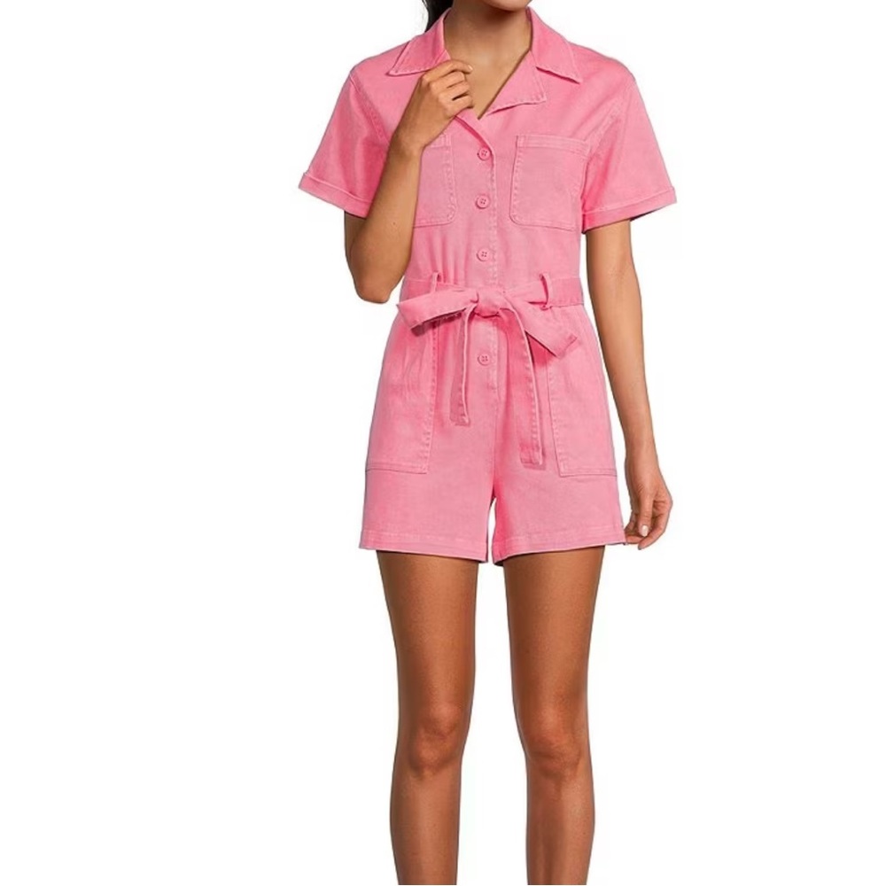 Washed Cotton Twill Notch Collar Short Sleeve Button Front Belted Romper